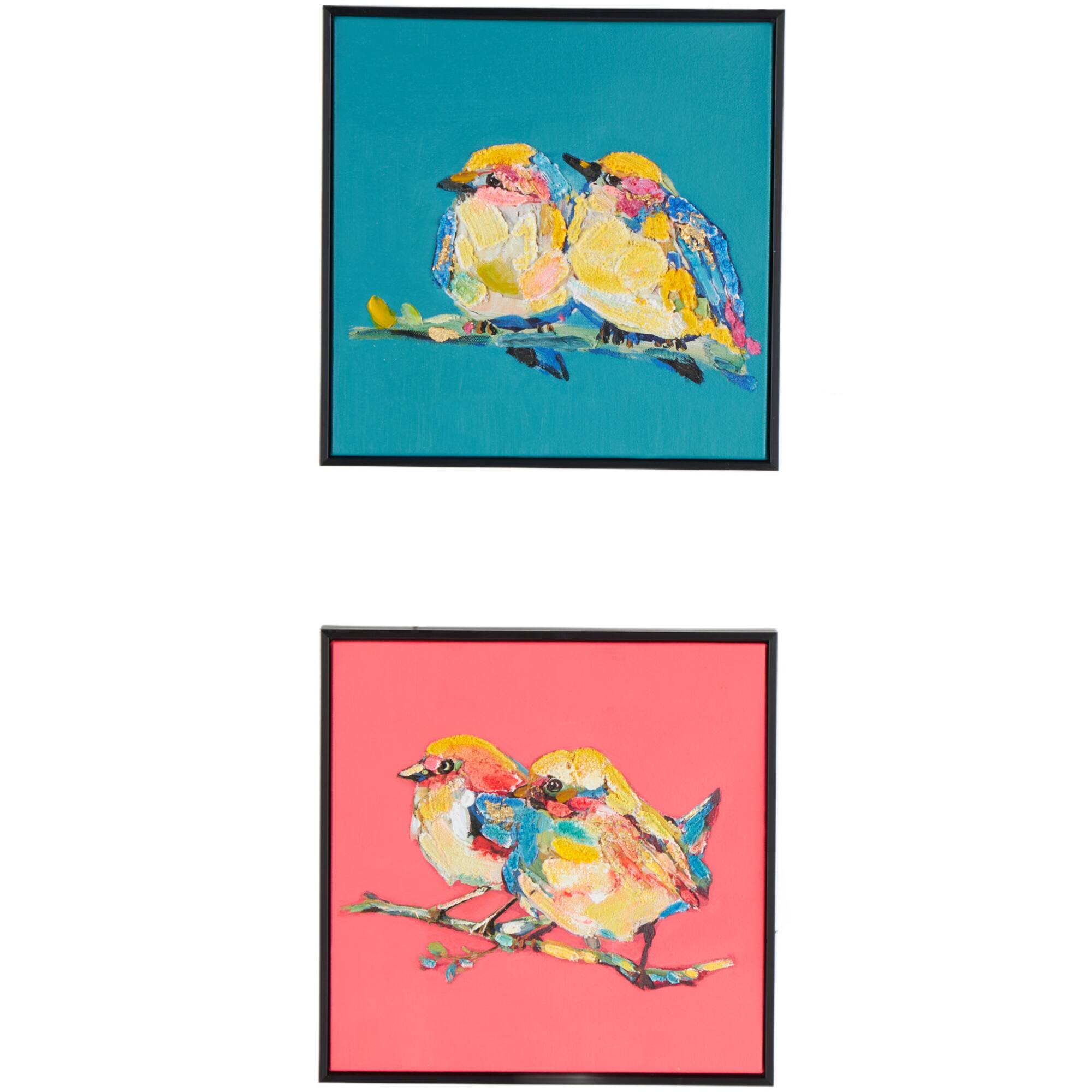 13" x 13" Multicolored Bird 3D Textured Canvas Wall Art Set with Black Frame & Gold Foil Accents